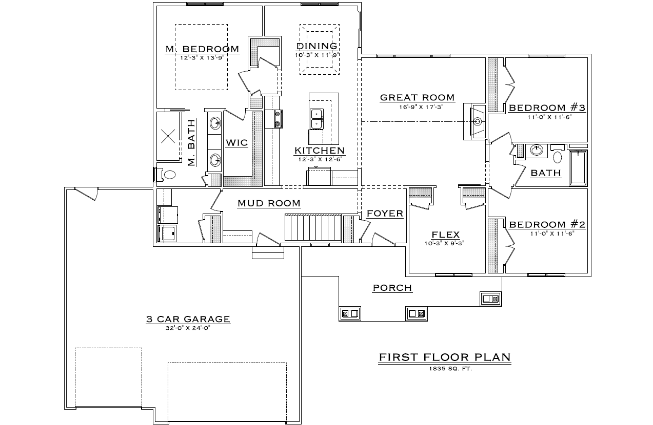 Plan 1835 (3BR/2BA/3CAR) Winfield Homes